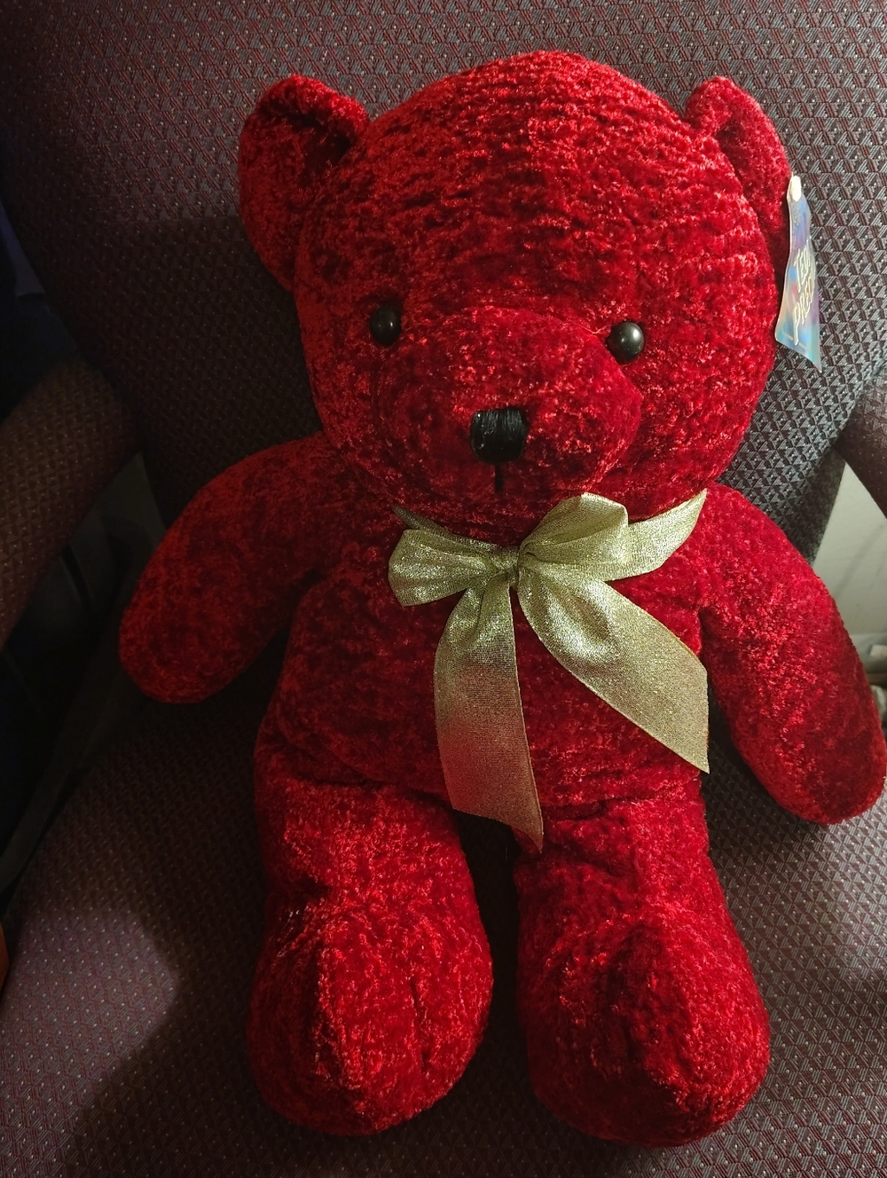 NWT Vintage Teddy Precious Red Plush Bear W/ Gold Bow, Black Eyes,